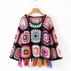 Handmade Rainbow Tassel Crochet Knit Cardigan - Black